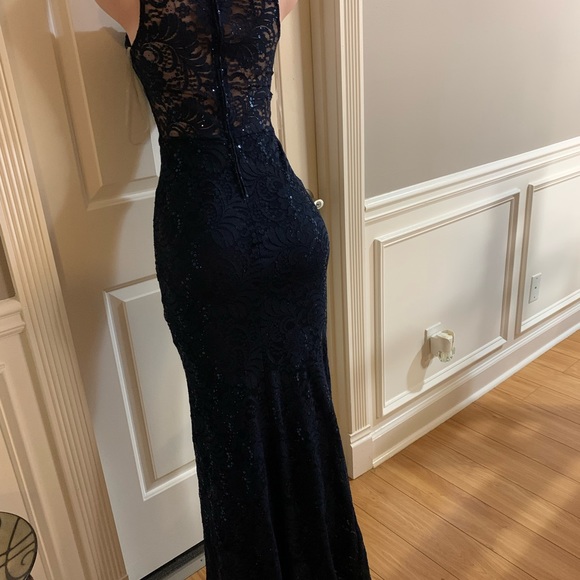Women junior blue navy lace sequins halter bodycon mermaid maxi dress size (S) - Picture 11 of 13
